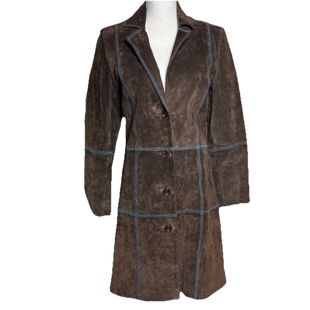 Vintage 90s Y2K B Lucid Pig Split Brown Leather Coat Blue Trim Womens Size S